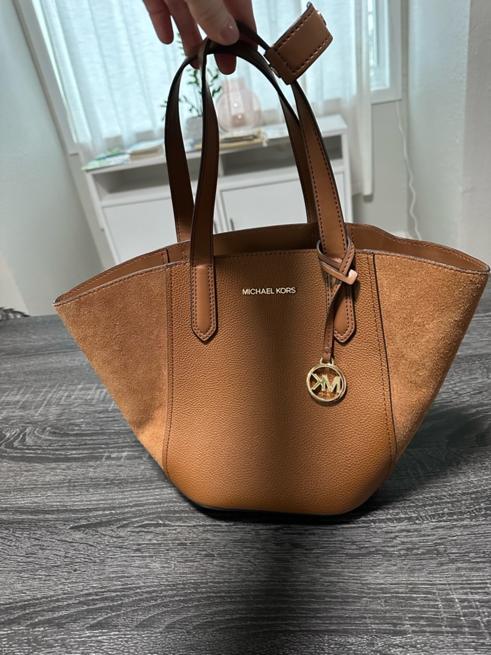 Michael Kors Small Portia Bucket Tote - Caramel/Tan Leather & Suede
